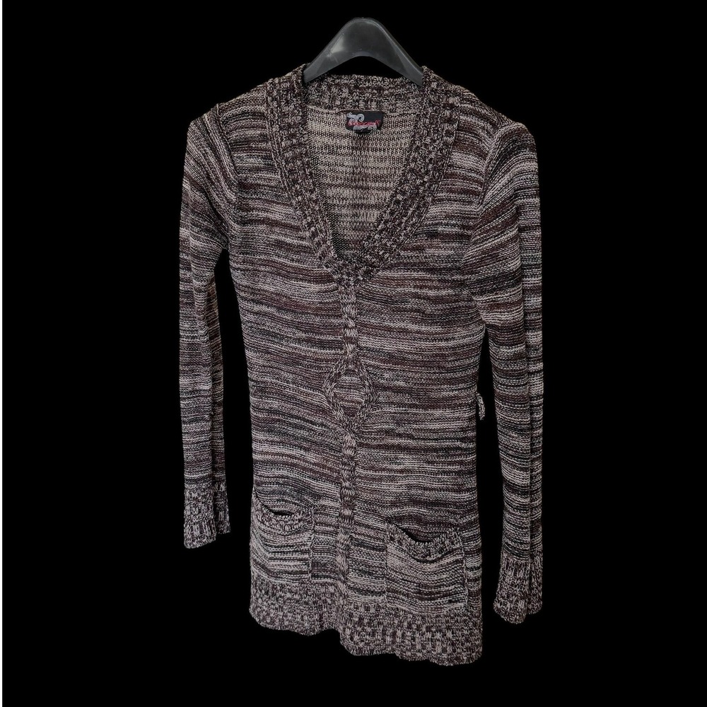 Y2K Womens Space Dye Knit Longline Cardigan Sweater Brown V-Neck Small